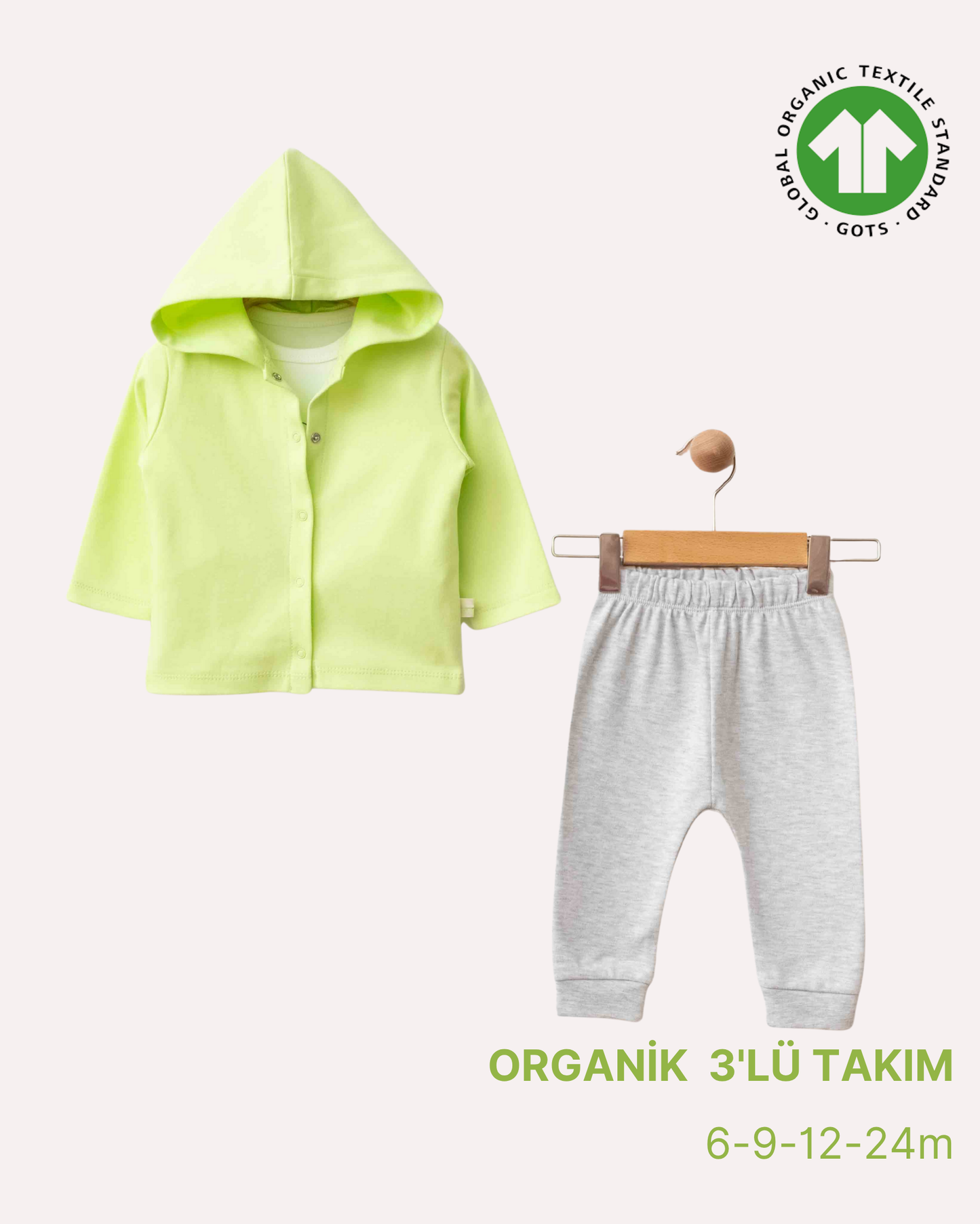 ORGANİK Fıstık Yeşili Kapüşonlu 3'lü Takım (4'lü Seri)