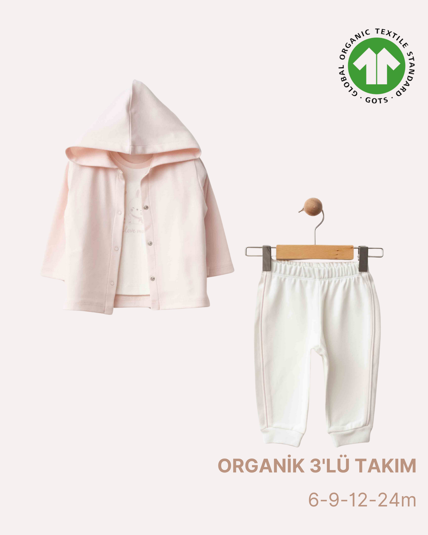ORGANİK Toz Pembe Kapüşonlu 3'lü Takım (4'lü Seri)